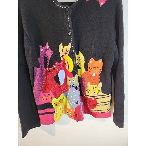 Vintage 1990s Terazzo Pink Cat Cardigan Sweater Art Deco Cars Modern Large - Picture 5 of 7